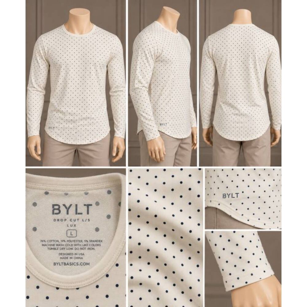 BYLT Drop Cut L/S Lux Cream Polka Dot Long Sleeve Shirt Men's Size L